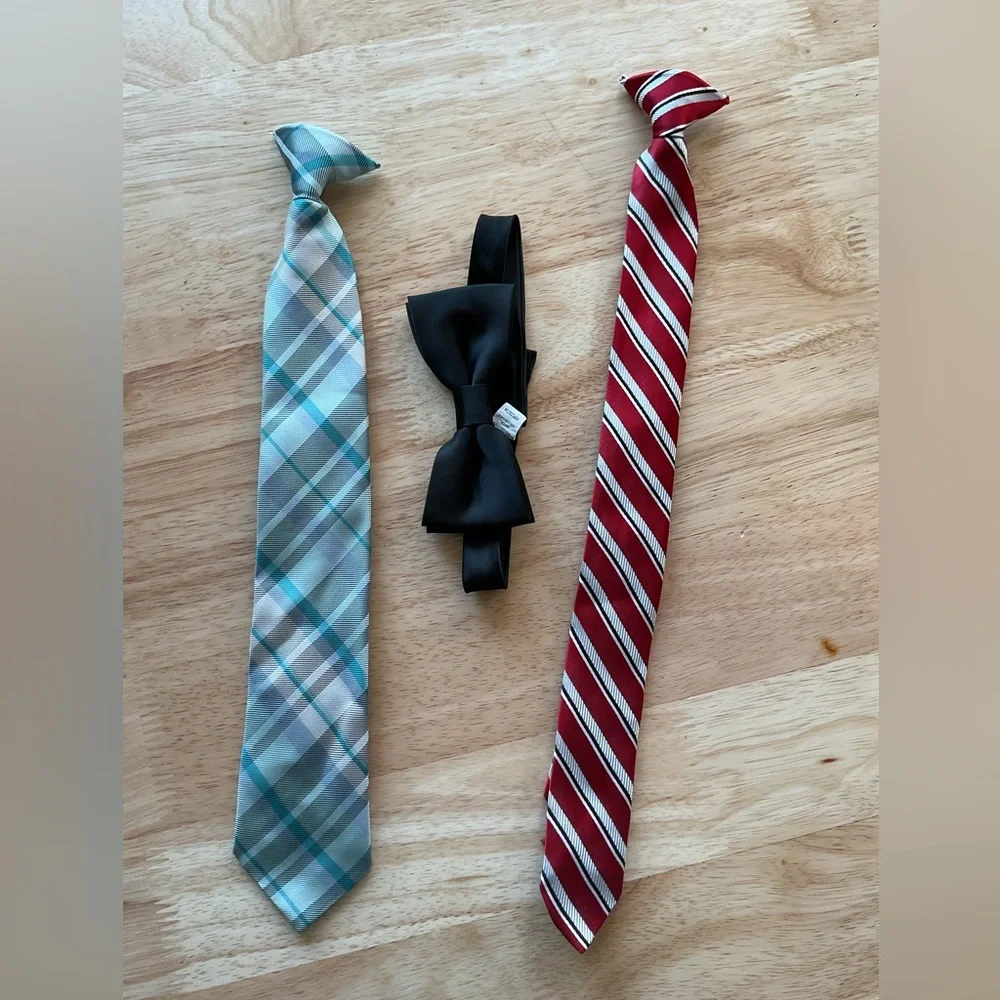 Lot x3 Clip-On Neckties Bow Ties Youth boys Black Blue Green Plaid Red Striped